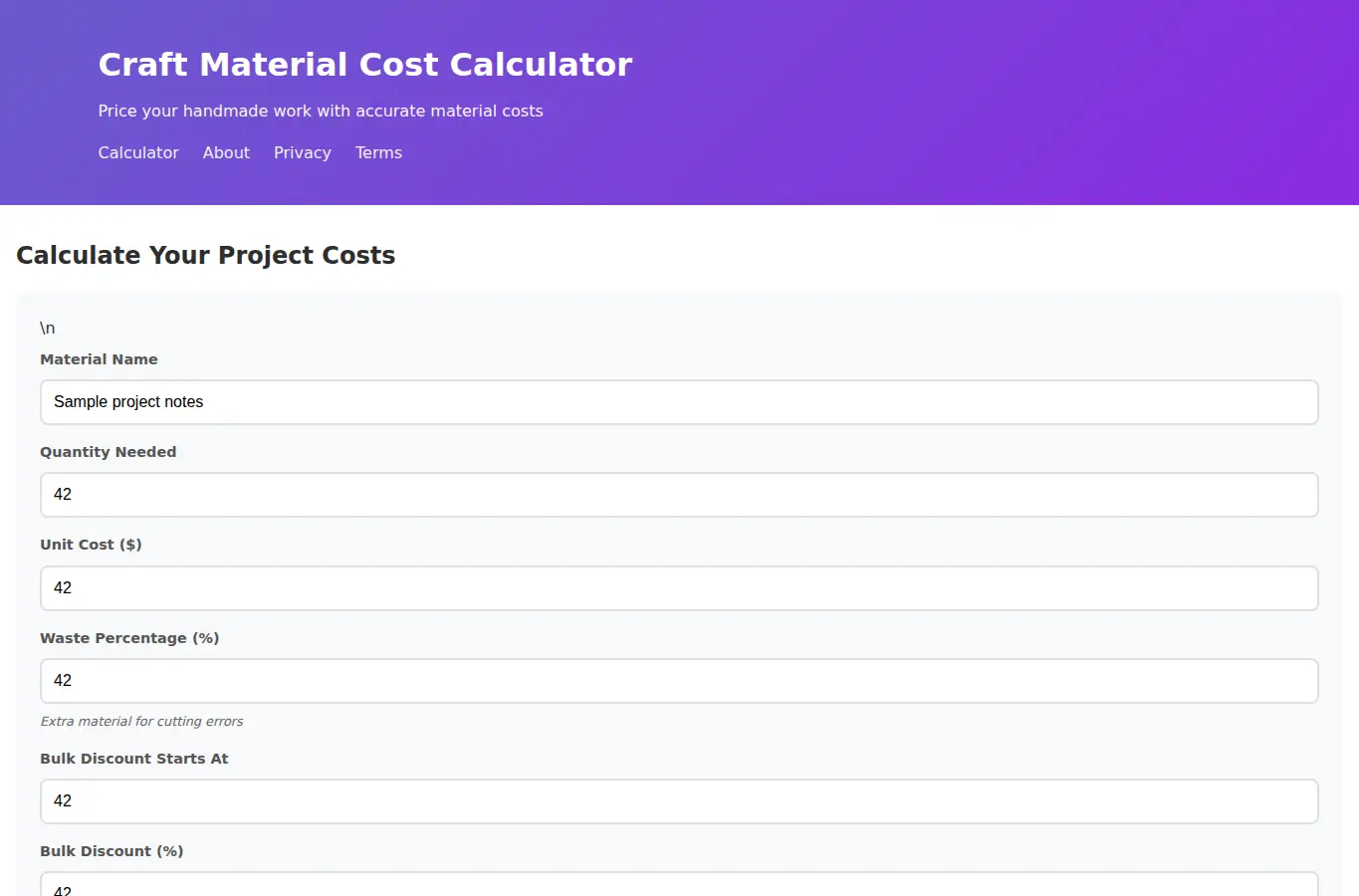 Screenshot of Craft Material Cost Calculator interface showing the project page in use